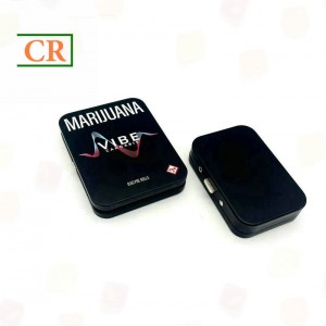 Small hinged child resistant tin box with button